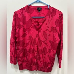 Talbots Cardigan Large Petite Pink Print Pure Merino‎ Wool 3/4 Sleeve Button